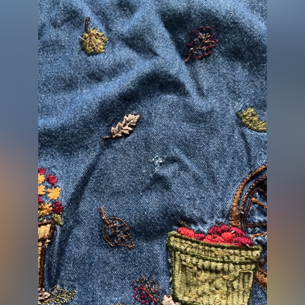 Vintage Bobbie Brooks Embroidered Denim Maxi Dress Jumper Autumn Leaves Apples - Picture 5 of 8